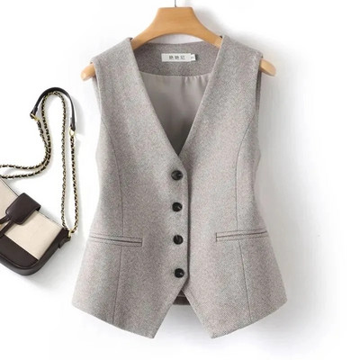 Ženski vuneni prsluk s ribljom kosti s V-izrezom, jednoredno kopčanje, novi ženski modni kaput za slobodno vrijeme, jesen-zima, kratki prsluk 2023.