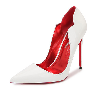 Újonnan női szexi elegáns pumpák tűsarkúk Fényes Patent, V szabású, oldalsó magassarkú hegyes orrú buli göndör szabású híresség cipők 46-os méret
