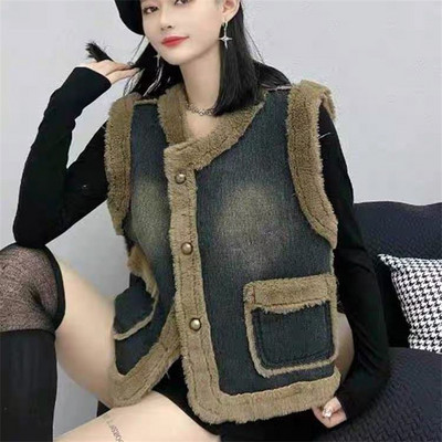 2023, toamnă iarnă, vestă de blugi pentru femei, coreeană largi, catifea de iepure artificială, îngroșă, caldă, ocazională, fără mâneci, veste scurte, haină pentru doamnă