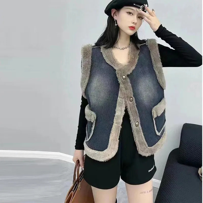 2023, toamnă iarnă, vestă de blugi pentru femei, coreeană largi, catifea de iepure artificială, îngroșă, caldă, ocazională, fără mâneci, veste scurte, haină pentru doamnă