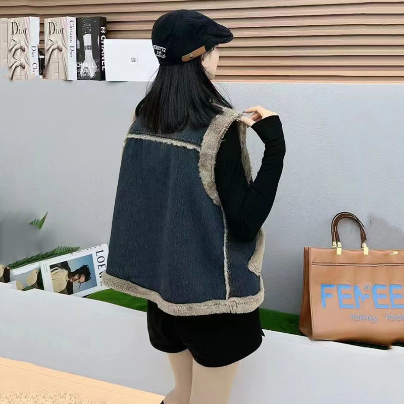2023, toamnă iarnă, vestă de blugi pentru femei, coreeană largi, catifea de iepure artificială, îngroșă, caldă, ocazională, fără mâneci, veste scurte, haină pentru doamnă