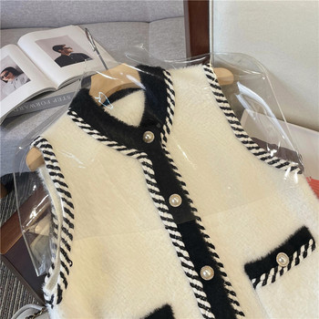 Есенно-зимно ново дамско палто с жилетка от норка в ароматен стил Бяло и черно жилетка