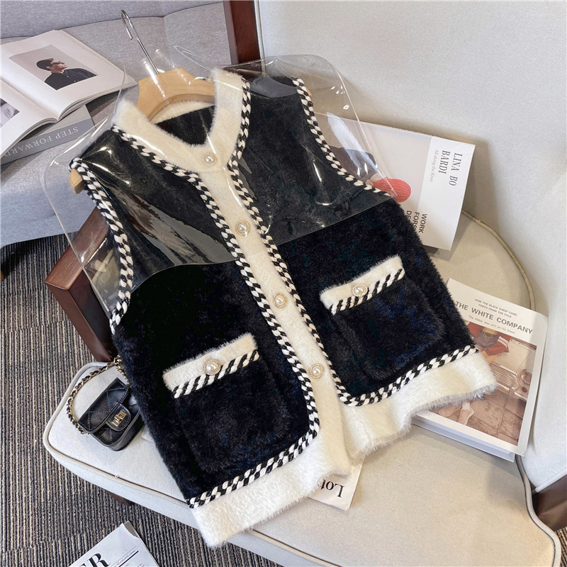 Őszi téli új női illatos stílusú nyérc haj mellény kabát fehér fekete mellény