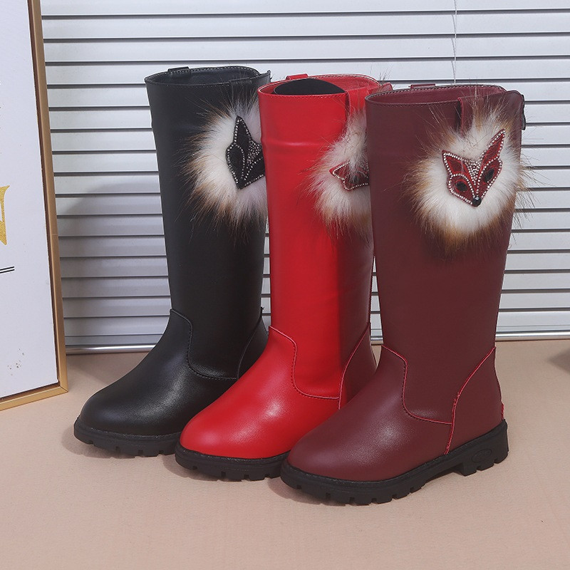 Kruleepo Visoke kožne modne čizme za djevojčice, dječje, dječje jesenske, zimske plišane tople čizme za snijeg PU lisica, ležerne duge cipele