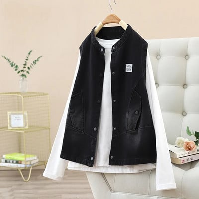 2023 m. naujoji pavasario rudens stovima apykaklės džinsinė liemenė, moteriška vienaeilė megztinys be rankovių trumpi džinsai, liemenės, moteriškas paltas