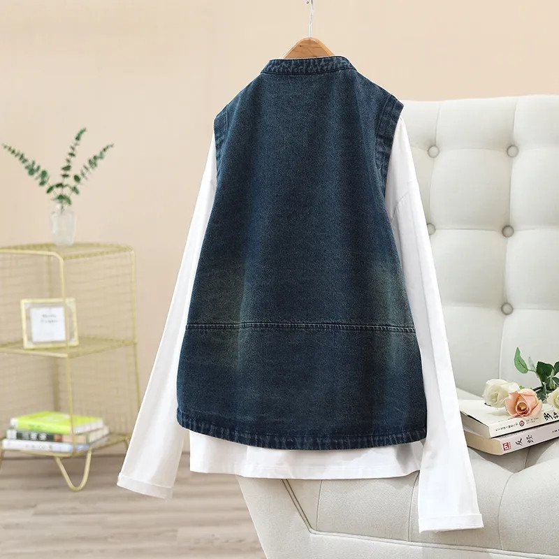 2023 m. naujoji pavasario rudens stovima apykaklės džinsinė liemenė, moteriška vienaeilė megztinys be rankovių trumpi džinsai, liemenės, moteriškas paltas