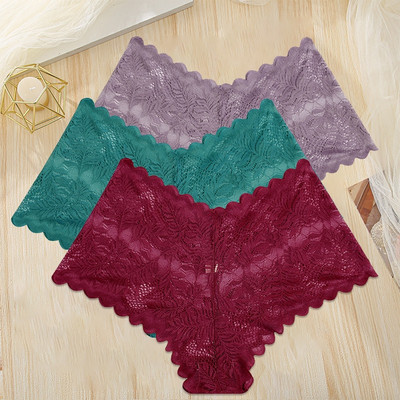 FINETOO 3PCS Dámske kvetinové duté čipkované nohavičky s nízkym pásom Sexy spodná bielizeň Nohavičky Spodné nohavičky Dámske spodné prádlo