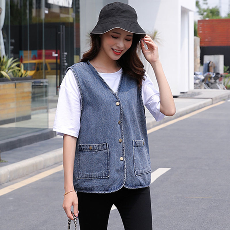 Dámska džínsová vesta, nová jesenná jednofarebná bezrukávová ležérna vesta, džínsový kabát, krátke bundy, dámska kovbojská vesta R2485