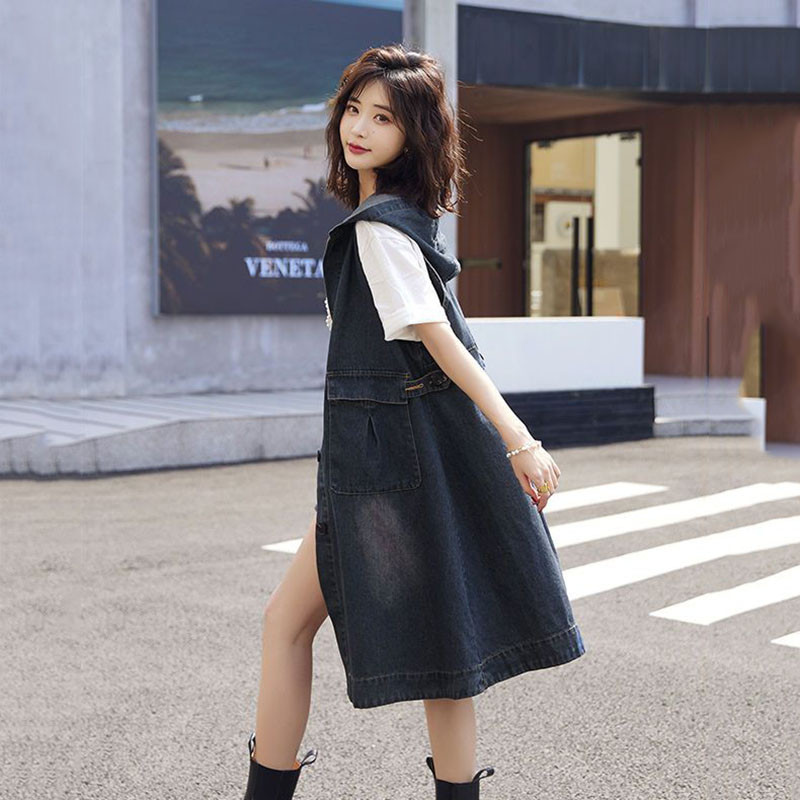 2022 noua vestă de blugi pentru femei, primăvară, toamnă, solidă, fără mâneci, topuri sălbatice, jachetă cu glugă, lungă, mijlocie, pentru femei, blugi, jachetă pentru femei