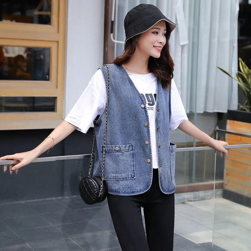 Pavasario rudens moterų džinsinė liemenė, 2023 m. nauja liemenė be rankovių, moteriški viršutiniai drabužiai, laisvalaikio džinsai, švarkai, moteriški trumpi kaubojiški paltai