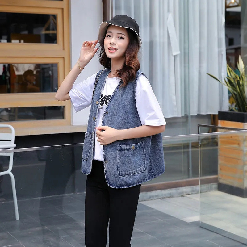 Pavasario rudens moterų džinsinė liemenė, 2023 m. nauja liemenė be rankovių, moteriški viršutiniai drabužiai, laisvalaikio džinsai, švarkai, moteriški trumpi kaubojiški paltai