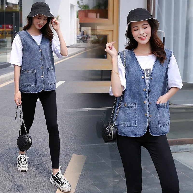 Pavasario rudens moterų džinsinė liemenė, 2023 m. nauja liemenė be rankovių, moteriški viršutiniai drabužiai, laisvalaikio džinsai, švarkai, moteriški trumpi kaubojiški paltai