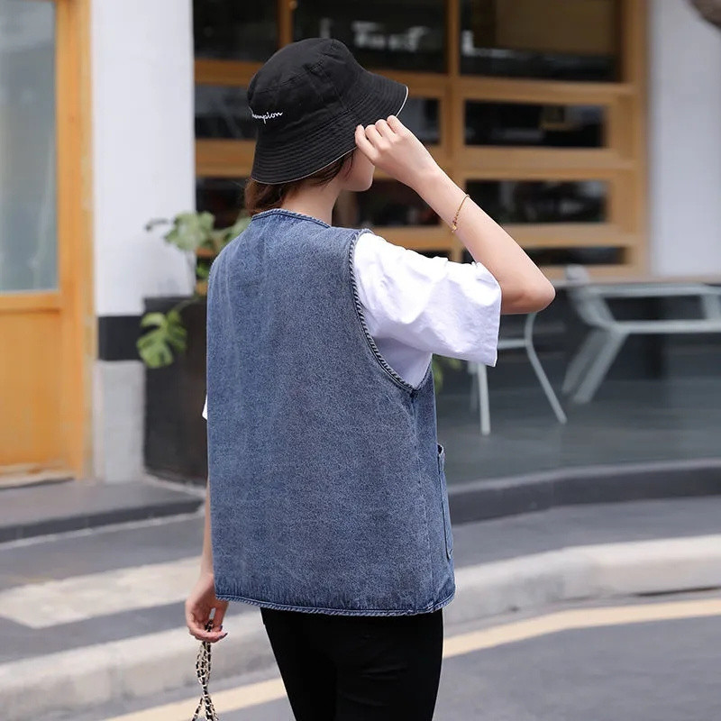 Pavasario rudens moterų džinsinė liemenė, 2023 m. nauja liemenė be rankovių, moteriški viršutiniai drabužiai, laisvalaikio džinsai, švarkai, moteriški trumpi kaubojiški paltai