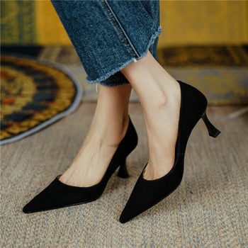 Пролетни дамски помпи Обувки с висок ток Официални черни обувки тип тип тип парти Офис работни обувки с остри пръсти, велурени пантофи за парти