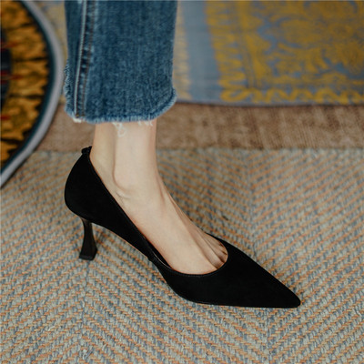 Pompe de primăvară pentru femei, pantofi cu toc înalt, pantofi cu toc înalt, formali, pantofi stiletto negri, pentru petrecere, pentru birou, pantofi de lucru, cu vârf ascuțit, din piele de căprioară, pentru petrecere