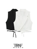 TRAF Moda pentru femei cu vestă de in legată, guler cu rever, fără mâneci, îmbrăcăminte exterioară pentru femei, vestă șic