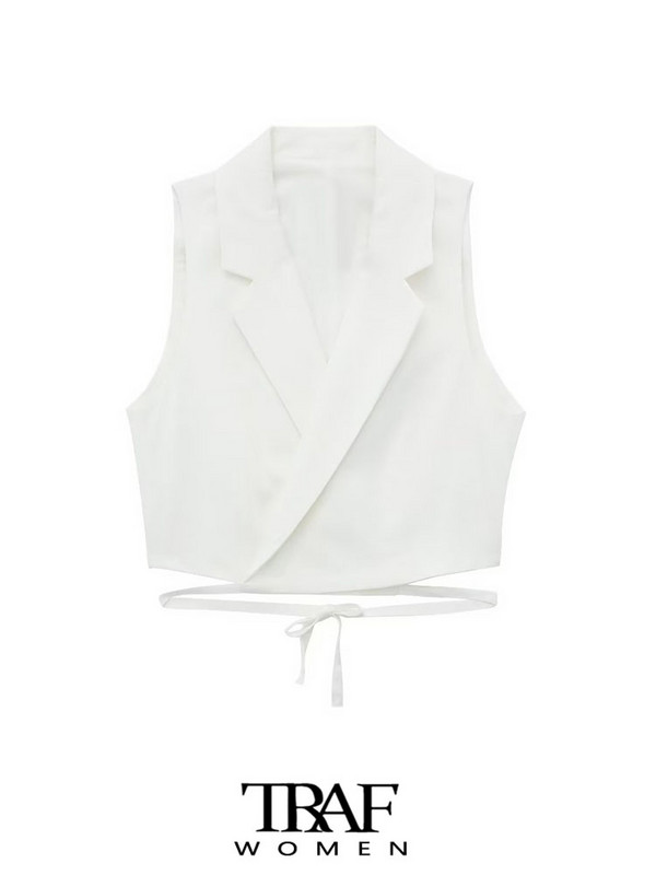 Γυναικεία μόδα TRAF με δεμένο λινό γιλέκο Vintage γιακά με πέτο αμάνικα γυναικεία πανωφόρια κομψά φανελάκια