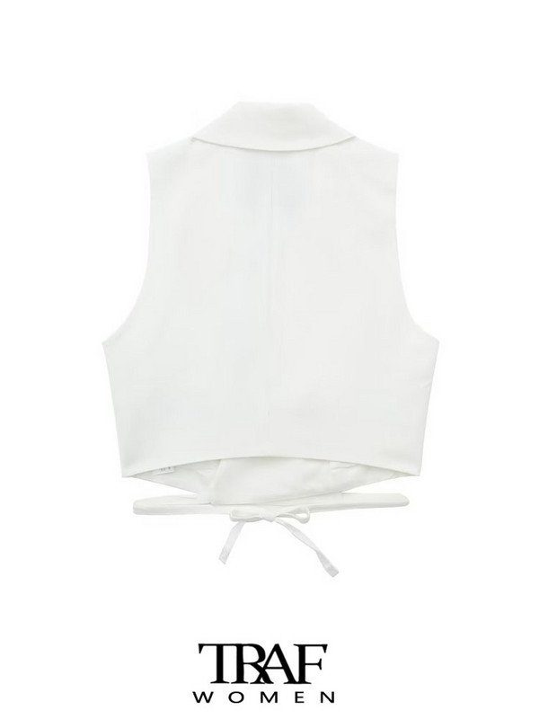 Γυναικεία μόδα TRAF με δεμένο λινό γιλέκο Vintage γιακά με πέτο αμάνικα γυναικεία πανωφόρια κομψά φανελάκια