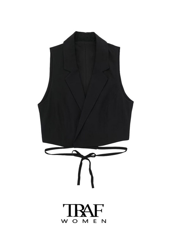 Γυναικεία μόδα TRAF με δεμένο λινό γιλέκο Vintage γιακά με πέτο αμάνικα γυναικεία πανωφόρια κομψά φανελάκια