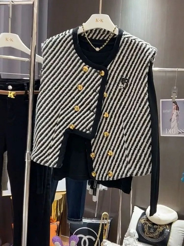 Μόδα ρίγα αμάνικη ζακέτα Γυναικεία φθινοπωρινά χειμωνιάτικα ρούχα Γυναικεία γυναικεία ζεστό γιλέκο Casual κορίτσια Χαριτωμένα εξωτερικά γιλέκα