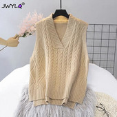 Rudens žiemos V kaklo susuktas megztinis megztinis liemenė 2022 m. laisvalaikio paprastas laisvas berankoves megztas liemenė vienspalvė, tinkanti liemenė