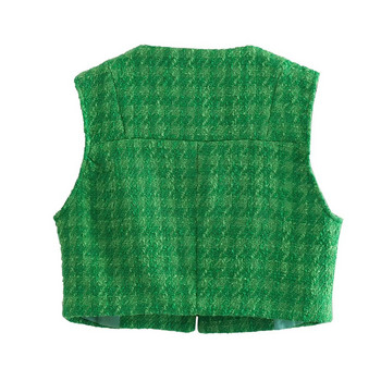 Модна дамска жилетка от туид със зелена текстура TELLHONEY Елегантна жилетка, яке без ръкави с джобове, женски ретро горнища