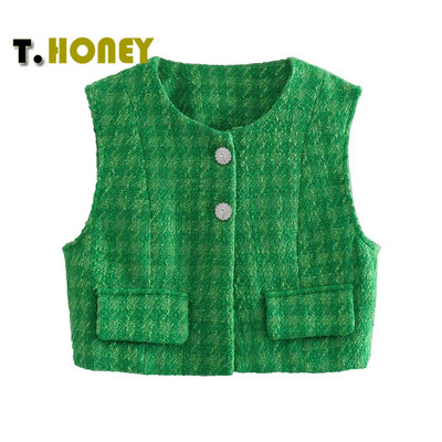 TELLHONEY Vestă din tweed cu textura verde de modă pentru femei Vestă elegantă Jachetă fără mâneci cu buzunare Topuri crop vintage pentru femei