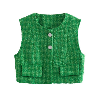 TELLHONEY Vestă din tweed cu textura verde de modă pentru femei Vestă elegantă Jachetă fără mâneci cu buzunare Topuri crop vintage pentru femei