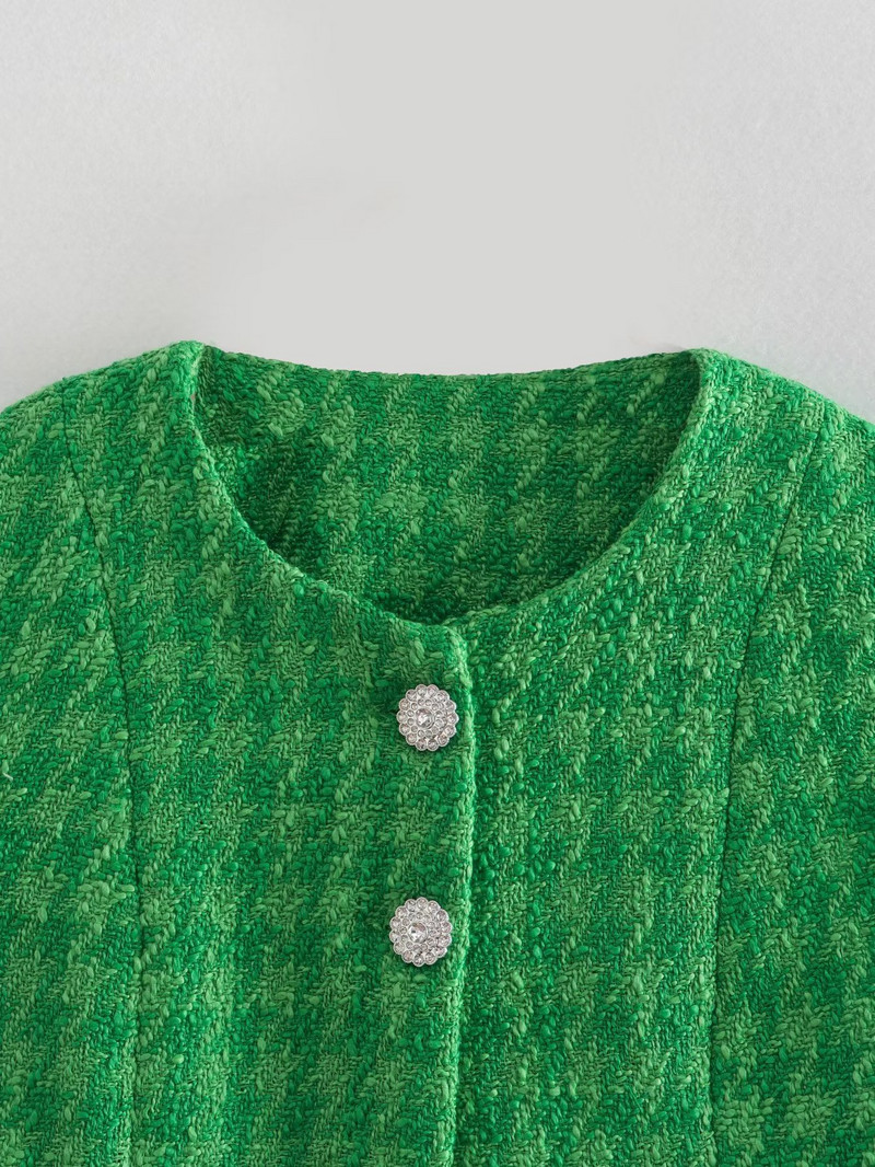 TELLHONEY Modni prsluk od tvida zelene teksture za žene Elegantni prsluk Jakna bez rukava s džepovima Ženske vintage kratke majice