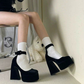 Ογκώδεις ψηλοτάκουνες γόβες φθινόπωρο 2023 Νέα γυναικεία μαύρα παπούτσια μόδας ρετρό μεταλλική αγκράφα Παπούτσια Mary Jane Suede Casual Heels Γυναικείες