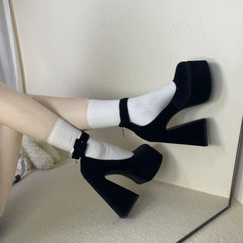 Zdepaste visoke potpetice, jesen 2023., nove ženske crne cipele na salonke, modne retro cipele s metalnom kopčom Mary Jane, antilop, ležerne cipele s petom, ženske