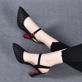 2022 Ψηλοτάκουνα πέδιλα Γυναικεία δικτυωτά καλοκαιρινά παπούτσια Γυναικεία λουράκια με μυτερά δάχτυλα πόρπη στον αστράγαλο Ethnic κέντημα λουλούδι χειροποίητο