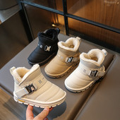 Dječje čizme za snijeg 2023 Nove kaki zimske podstavljene zadebljane pamučne cipele za dječake i djevojčice Bež moda s ravnim dječjim crnim čizmama