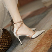 Ženske nove Baotou ženske cipele na visoku petu Modne cipele sa zašiljenim zakovicama na tanku petu Talon Femme Ženske cipele sa šupljom kopčom na gležnju Pune pete