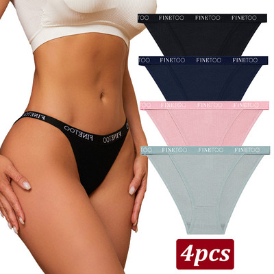 Finetoo 4 bucăți chiloți din bumbac pentru femei, cu litere sexy, slip cu talie joasă, lenjerie elastică pentru femeie, moale, respirabilă, S-XL