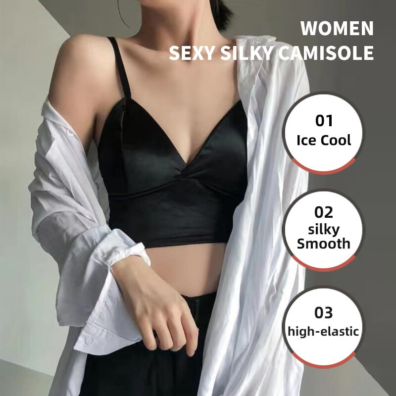 Moterų ledinis šilkas Camisole liemenėlė Apatiniai drabužiai Crop Top Tanks Nemokama Dydis Juoda Rožinė Balta Mergaitė V kaklelis Lygus Sportas Kasdienis Šaunus Seksualus