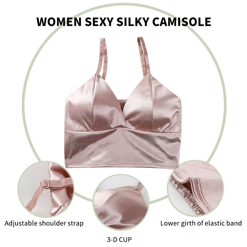 Moterų ledinis šilkas Camisole liemenėlė Apatiniai drabužiai Crop Top Tanks Nemokama Dydis Juoda Rožinė Balta Mergaitė V kaklelis Lygus Sportas Kasdienis Šaunus Seksualus