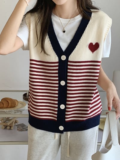 Colorfaith New 2022 Prašmatni korėjietiška mada dryžuota liemenė Megzti vintažiniai megztiniai Moteriški rudens žiemos laukinės ponios liemenės SWV3528JX