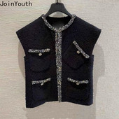 Korėjietiška liemenė moterims O formos iškirpte be rankovių Tvido vintažinė liemenė Temperamentas mados tankiai Tunika Y2k Viršutiniai Chalecos Para Mujer