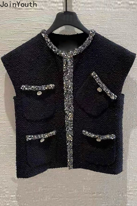 Korėjietiška liemenė moterims O formos iškirpte be rankovių Tvido vintažinė liemenė Temperamentas mados tankiai Tunika Y2k Viršutiniai Chalecos Para Mujer