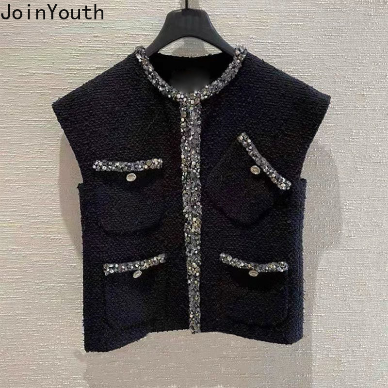 Korėjietiška liemenė moterims O formos iškirpte be rankovių Tvido vintažinė liemenė Temperamentas mados tankiai Tunika Y2k Viršutiniai Chalecos Para Mujer