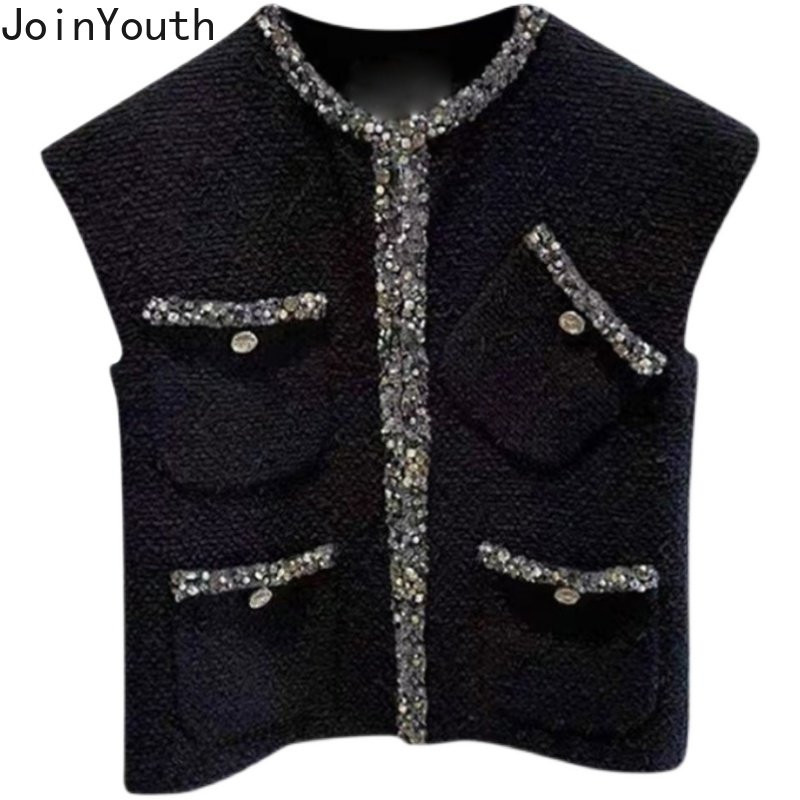 Korėjietiška liemenė moterims O formos iškirpte be rankovių Tvido vintažinė liemenė Temperamentas mados tankiai Tunika Y2k Viršutiniai Chalecos Para Mujer