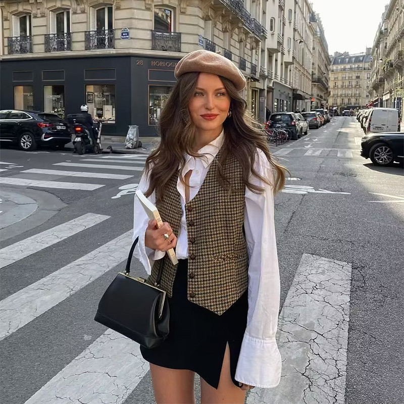 Ženski vintage karirani prsluk Jakna bez rukava Chic ženski prsluk Ženska nova gornja odjeća 2022.