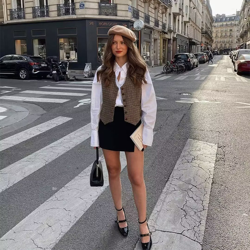 Ženski vintage karirani prsluk Jakna bez rukava Chic ženski prsluk Ženska nova gornja odjeća 2022.
