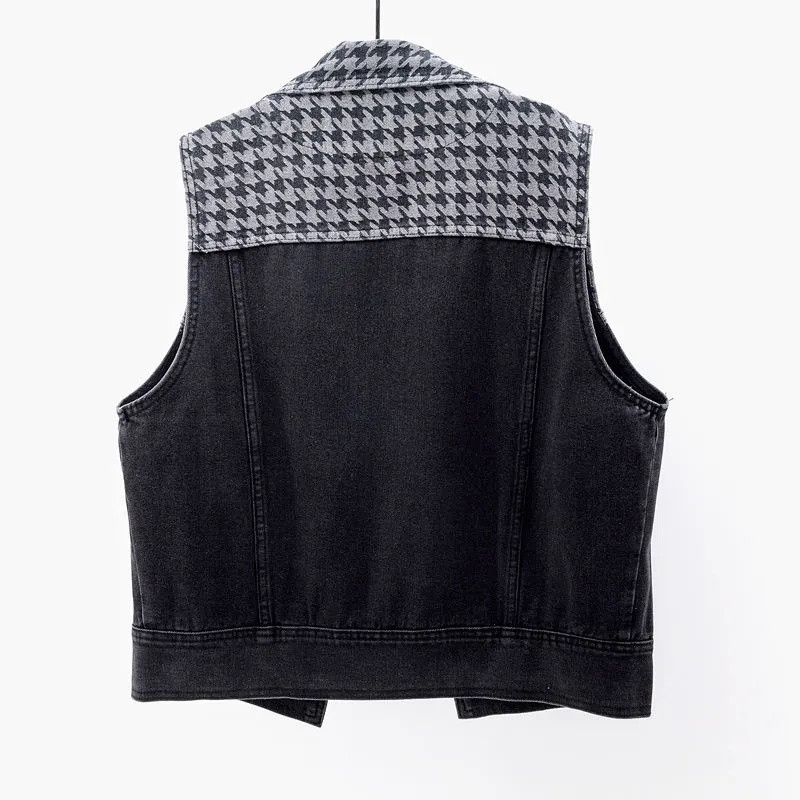Jarná jesenná nová džínsová vesta pre ženy, krátke bez rukávov s potlačou a prešívaním, džínsová vesta, bunda, dámska vesta