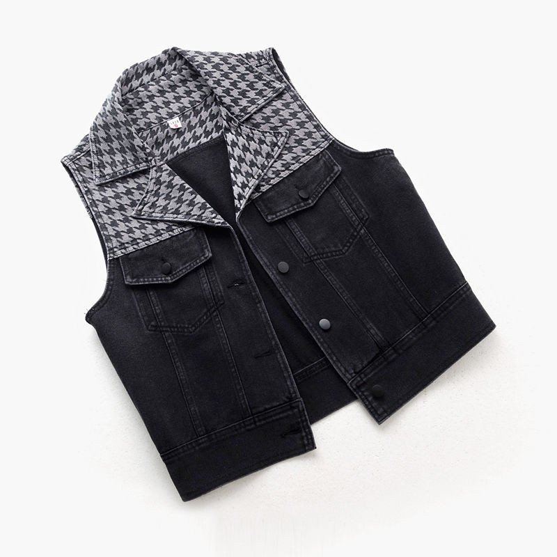 Jarná jesenná nová džínsová vesta pre ženy, krátke bez rukávov s potlačou a prešívaním, džínsová vesta, bunda, dámska vesta