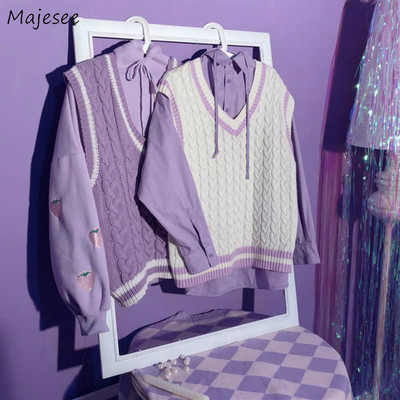 Sviiter Vestid Naiste Lihtne kudum Lilla Valge Kawaii Casual Chic Preppy Style Korea Universaalne avara varrukateta sügisretro