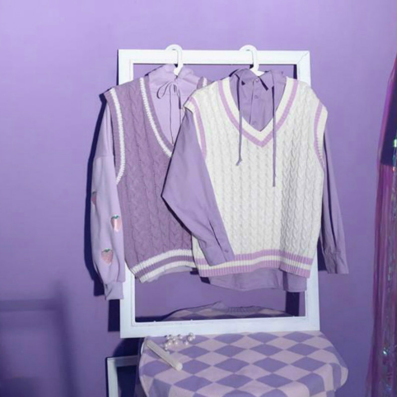 Sveterové vesty Dámske jednoduché pletené fialové biele kawaii ležérne elegantné preppy štýl kórejské univerzálne voľné bez rukávov jesenné retro