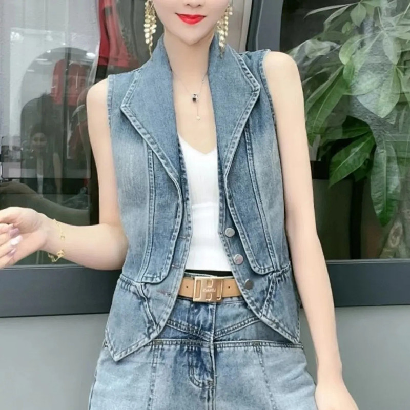 Ležerne ženske majice Ženski traper prsluk Proljetna jesen Odjeća Jakna bez rukava Jednoredno kopčanje Kratki prsluci 4XL Chaleco Mujer