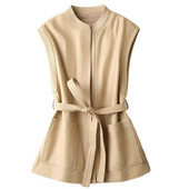 Novi proljetni i jesenski mekani kožni prsluk za 2023., prsluk na vezanje, široki kaput bez rukava s O izrezom i džepnim prslukom od ovčje kože